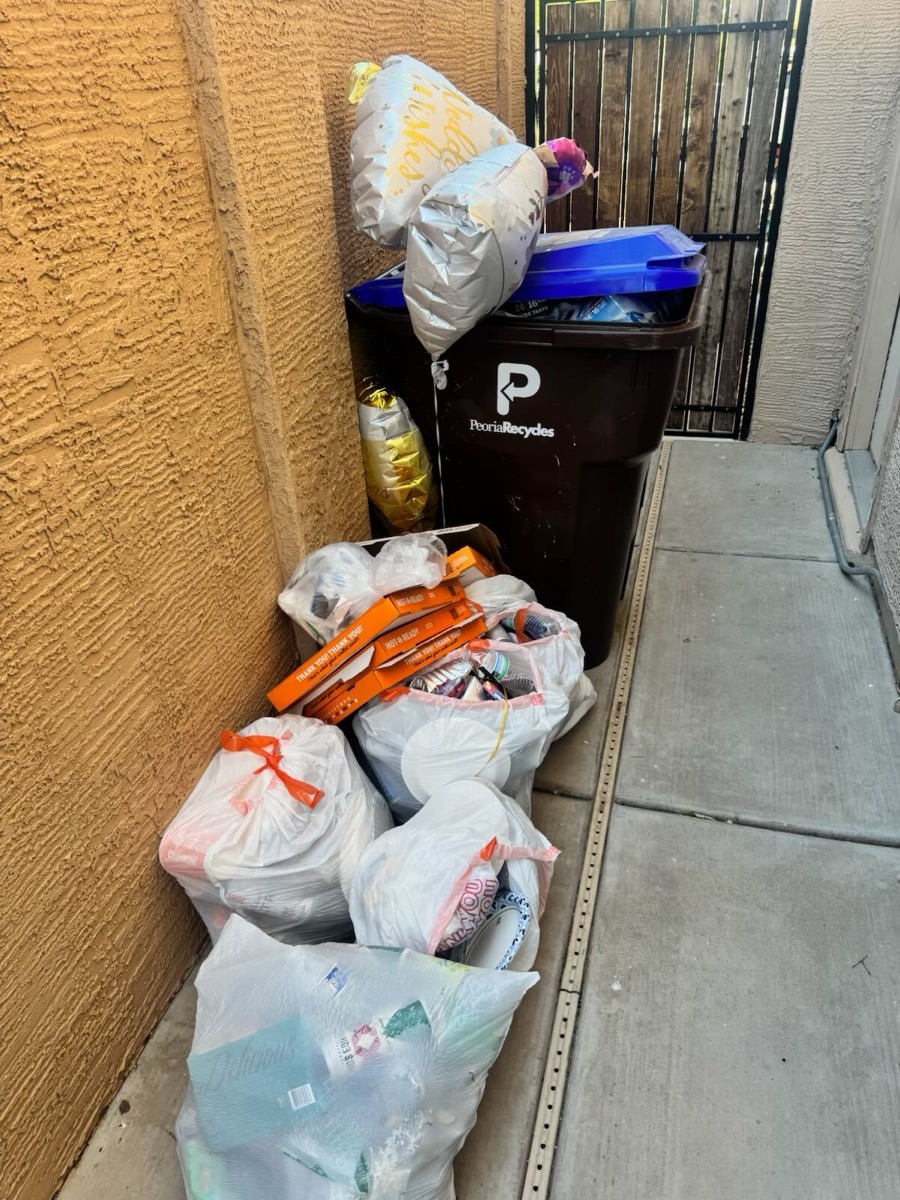 Overflowing recycle bin and bags